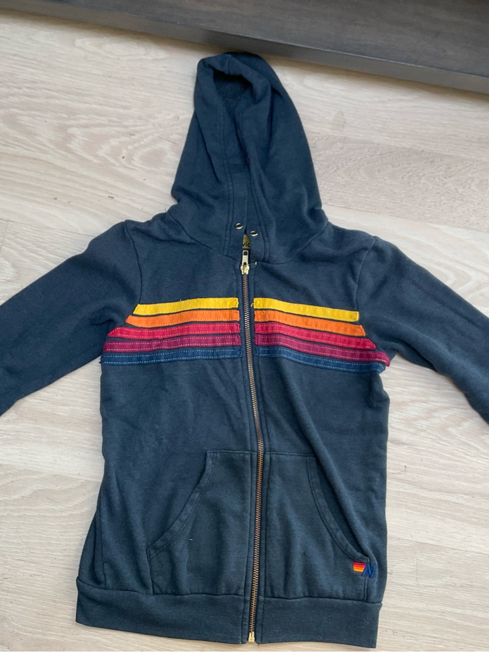 Aviator Nation Navy Zip Hoodie with Rainbow Stripe Detail